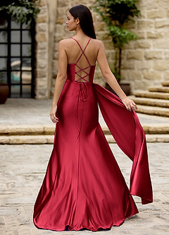 Drape Wine Satin Prom Dress image2