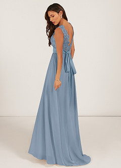 Azazie Gertrude Abiti da Damigella Abito A-Line in Chiffon Pizzo Blu Polveroso image4