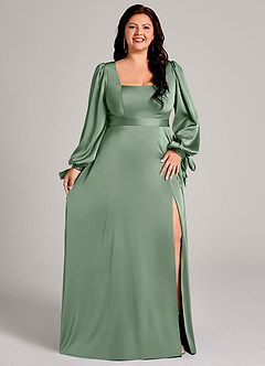 Azazie Leonia Abiti da Damigella Abito A-Line in Raso Elasticizzato Manica Lunga Matcha image11