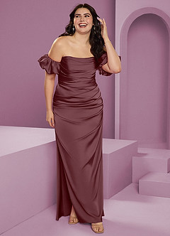 Barbie ♥ Azazie Bridesmaid Dresses Sangria Sheath Off the Shoulder Stretch Satin Convertible Dress image12