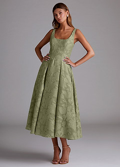 Azazie Amalie Vestidos de damas de honor Vestido de Pistacho de Devorado Floral de Corte en A con Plisado image1