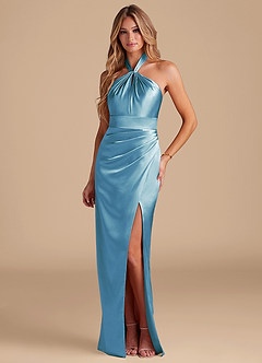 Azazie Zaya Bridesmaid Dresses Steel Blue Sheath Pleated Metallic Satin Dress image1