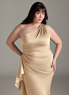 Azazie Latrice Bridesmaid Dresses Champagne Sheath One Shoulder Cascading Ruffles Stretch Satin Dress image10