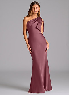 Azazie Yuanna Vestidos de damas de honor Vestido Rosa Del Desierto de Satén Elástico de Corte Sirena con Un hombro image1
