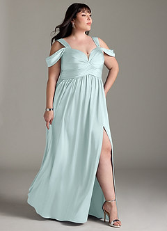 Azazie Lianne Bridesmaid Dresses Sea Glass A-Line Off the Shoulder Stretch Satin Dress image12