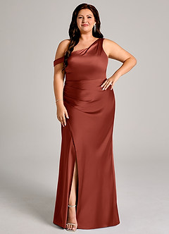 Azazie Madelyn Jurken voor bruidsmeisjes Converteerbaar Jurk van Stretch Satijn met Zeemeermin One-Shoulder Terracotta image10