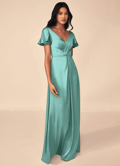 Azazie Soren Bridesmaid Dresses Aqua A-Line Pleated Stretch Satin Dress image7