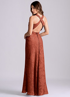 Azazie Evadne Final Sale Terracotta Sheath Pleated Floral Burnout Dress image2