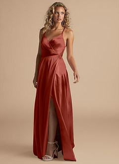 Azazie Davis Bridesmaid Dresses Terracotta A-Line Pleated Metallic Satin Dress image5