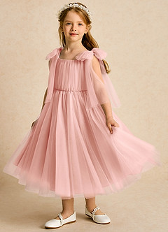 Azazie Dori 플라워 걸 드레스 A라인 셔링 얇실버 명주 그물 티 길이 드레스 image5