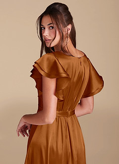 Azazie Daphne Robes de demoiselle d'honneur modestes Robe Trapèze Rayé Longueur ras du sol Satiné métallisé image6