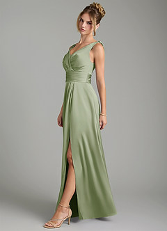 Azazie Karina Bridesmaid Dresses Dusty Sage A-Line Pleated Stretch Satin Dress image3