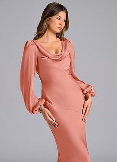 Azazie Rylina Bridesmaid Dresses Coral Mermaid Long Sleeve Stretch Satin Dress image6