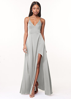 Azazie Maksim Bridesmaid Dresses Silver A-Line V-Neck Stretch Satin Dress image1