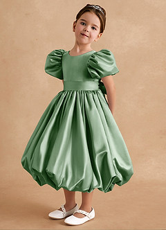 Azazie Jellybean vestidos de niña de las flores Vestido de Matcha de Satin Mate de Corte Princesa con Volante image4