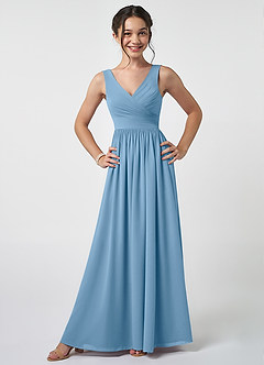 Azazie Keyla Junior Abito A-Line in Chiffon Plissettato Blu Acciaio image1