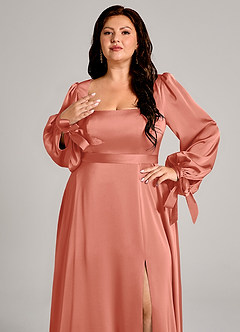 Azazie Leonia Jurken voor bruidsmeisjes Jurk van Stretch Satijn met A-Lijn Lange mouw Zalm Roze image9