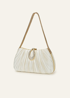 front Matching Color Crystal Buckle Pleated Satin Clutch Bag