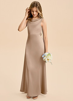 Azazie Kiki Junior Taupe A-Line Bow Stretch Satin Dress image5