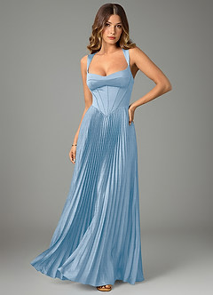 Azazie Avenelle Robes de demoiselle d'honneur Robe Trapèze en Satin extensible Corset Poudre Bleue image1