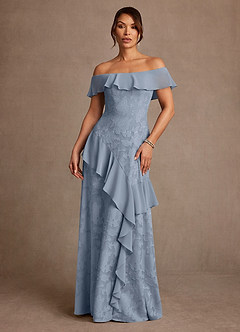 Azazie Marina Mother of the Bride Dresses Dusty Blue A-Line Off the Shoulder Floral Burnout Dress image1