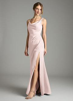Azazie Samara Robes de demoiselle d'honneur Robe Sirène en Satin extensible Plissée Rose Pâle image3