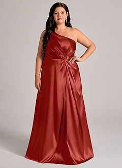 Azazie Brooke Bridesmaid Dresses Rust A-Line One Shoulder Metallic Satin Dress image8