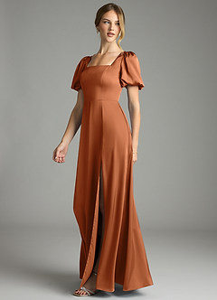 Azazie Fyona Abiti da Damigella Abito A-Line in Raso Elasticizzato Plissettato Rame image10