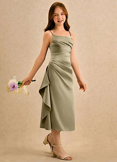 Azazie Canna Girls Formal Blomsterpigekjoler A-Line Plisseret Stræk satin Te-længde Kjole image3