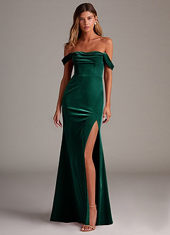 Azazie Saige Bridesmaid Dresses Emerald Sheath Off the Shoulder Velvet Convertible Dress image4