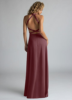 Azazie Clarice Bridesmaid Dresses Sangria A-Line High Neck Stretch Satin Dress image3