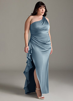Azazie Latrice Bridesmaid Dresses Dusty Blue Sheath One Shoulder Cascading Ruffles Stretch Satin Dress image9