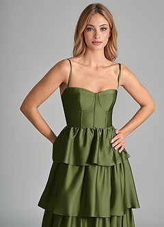 Azazie Faye Bridesmaid Dresses Olive A-Line Ruched Stretch Satin Dress image2