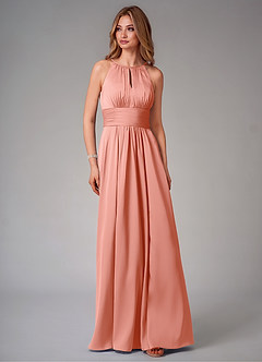 Azazie Bonnie Bridesmaid Dresses Coral A-Line Pleated Stretch Satin Dress image6