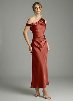 Azazie Emerson Bridesmaid Dresses Terracotta Mermaid Off the Shoulder Stretch Satin Dress image3