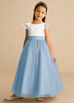 Azazie Pookie Abiti da Ragazza di Fiori Abito A-Line in Tulle Pizzo Azzurro Polvere image1