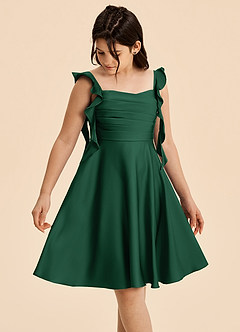 Azazie Kira Junior Vestido Verde Oscuro de Satén Elástico de Corte en A con Drapeado image4