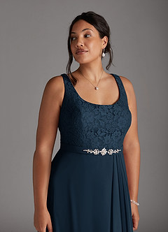 Azazie Ainsling Mother of the Bride Dresses Dark Navy A-Line Square Neckline Lace Chiffon Dress image2