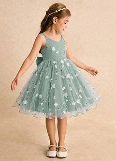 Azazie Junebug Blumenmädchenkleider Ballkleid Spaghetti Riemen Tüll Kleid Silberner Salbei image4