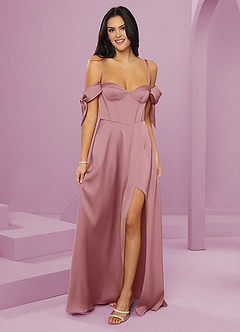 Barbie ♥ Azazie Bridesmaid Dresses Dusty Rose A-Line Off the Shoulder Stretch Satin Dress image13