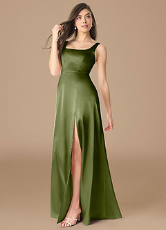 Azazie Joyce Bridesmaid Dresses Olive A-Line Side Slit Metallic Satin Dress image3