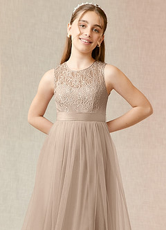 Azazie Georgette Junior Taupe A-Line Lace Tulle Dress image5