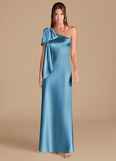 Azazie Capri Bridesmaid Dresses Steel Blue Sheath One Shoulder Metallic Satin Dress image3