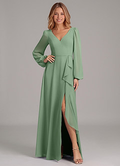 Azazie Simone Final Sale Matcha A-Line Long Sleeve Chiffon Dress image3