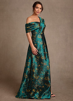 Azazie Nonie Abiti per la Madre della Sposa Abito A-Line in Jacquard Floreale Spalle Scoperte Verde Intenso image3