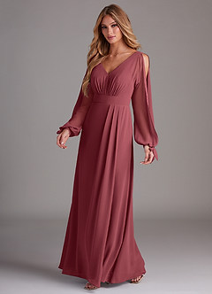 Azazie Matilda Bridesmaid Dresses Merlot A-Line Long Sleeve Chiffon Dress image1