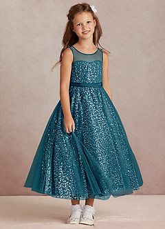 Azazie Siwa Flower Girl Dresses Ink Blue A-Line Beaded Tulle Dress image2
