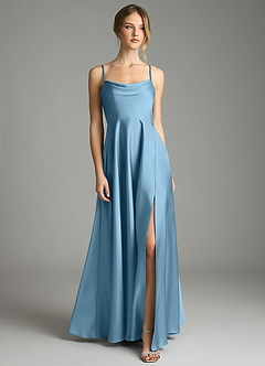 Azazie Elle Vestidos de damas de honor Vestido de Azul Acero de Satén Elástico de Corte en A con Plisado image1