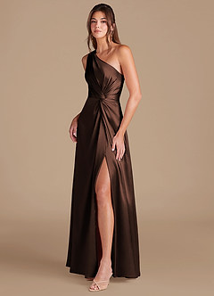 Azazie Brooke Vestidos de damas de honor Vestido de Ganache de Satén Metálico de Corte en A con Hombro unilateral image4