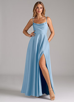 Azazie Elle Bridesmaid Dresses Powder Blue A-Line Pleated Stretch Satin Dress image3